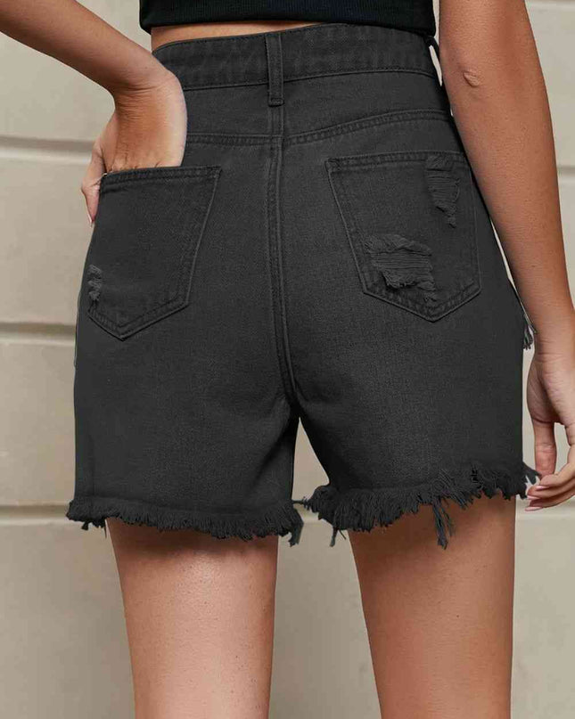 Fringe Trim Distressed Denim Shorts with Pockets