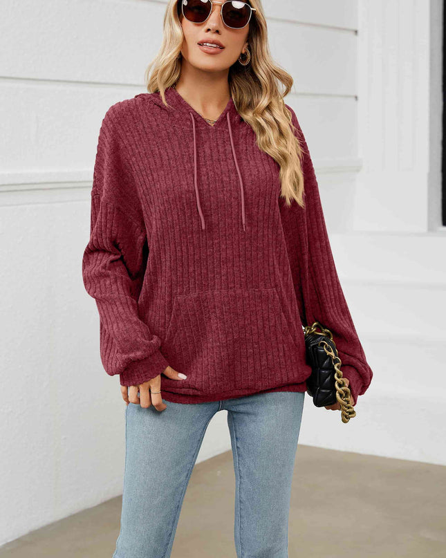 Drawstring Dropped Shoulder Ribbed Hoodie