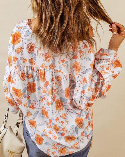 Floral Tie Neck Balloon Sleeve Blouse
