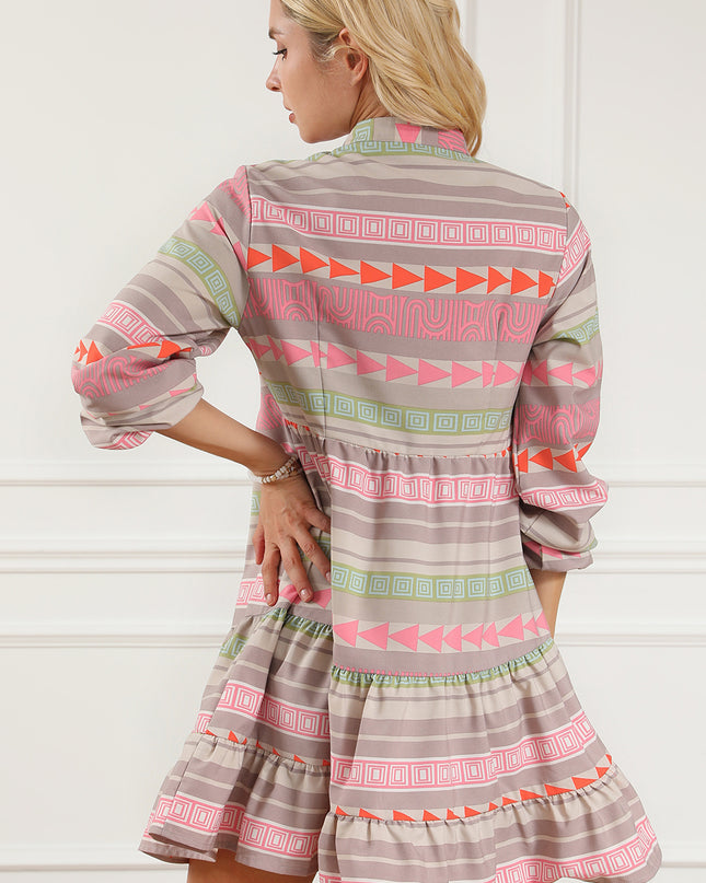 Tiered Notched Balloon Sleeve Buttoned Dress