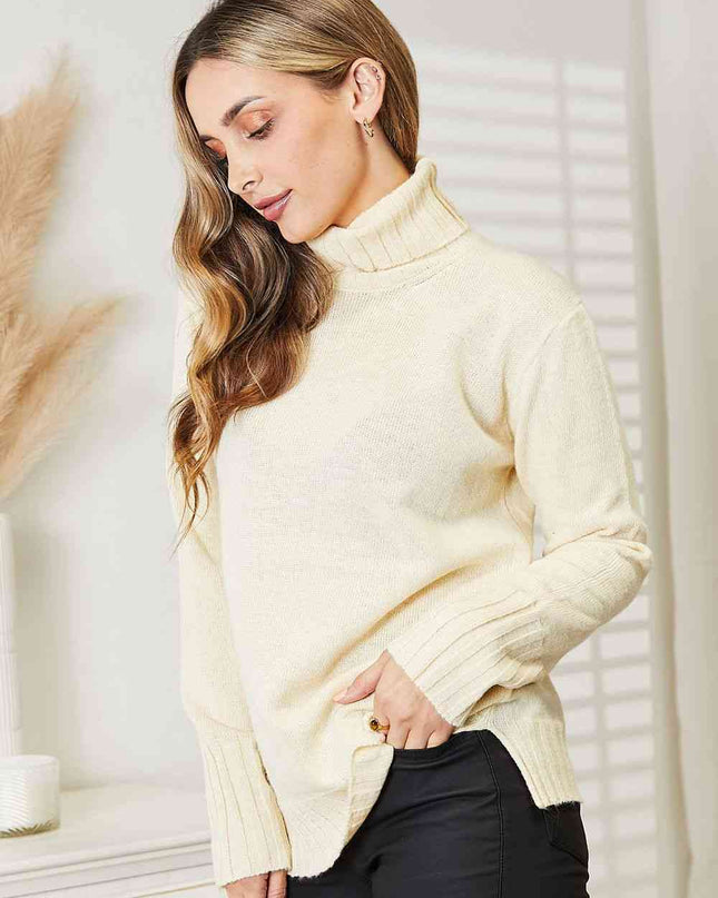 Heimish Full Size Long Sleeve Turtleneck Sweater with Side Slit