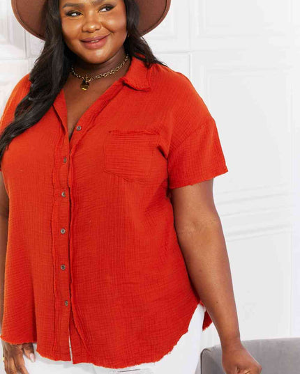 Zenana Full Size Summer Breeze Gauze Short Sleeve Shirt in Copper