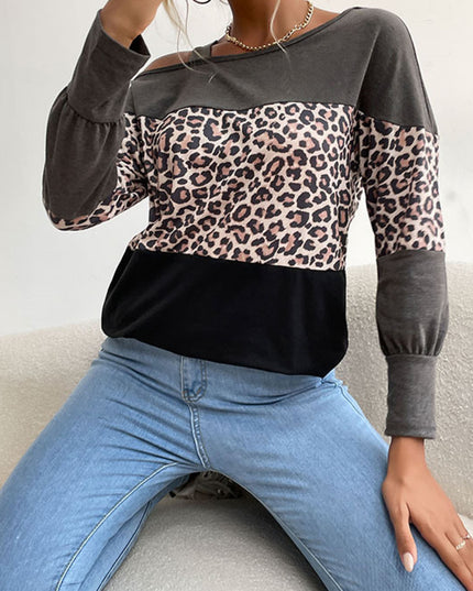 Leopard Print Color Block Cold  Shoulder Top