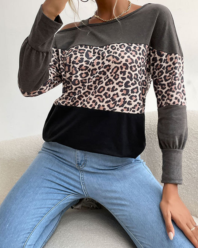 Leopard Print Color Block Cold  Shoulder Top