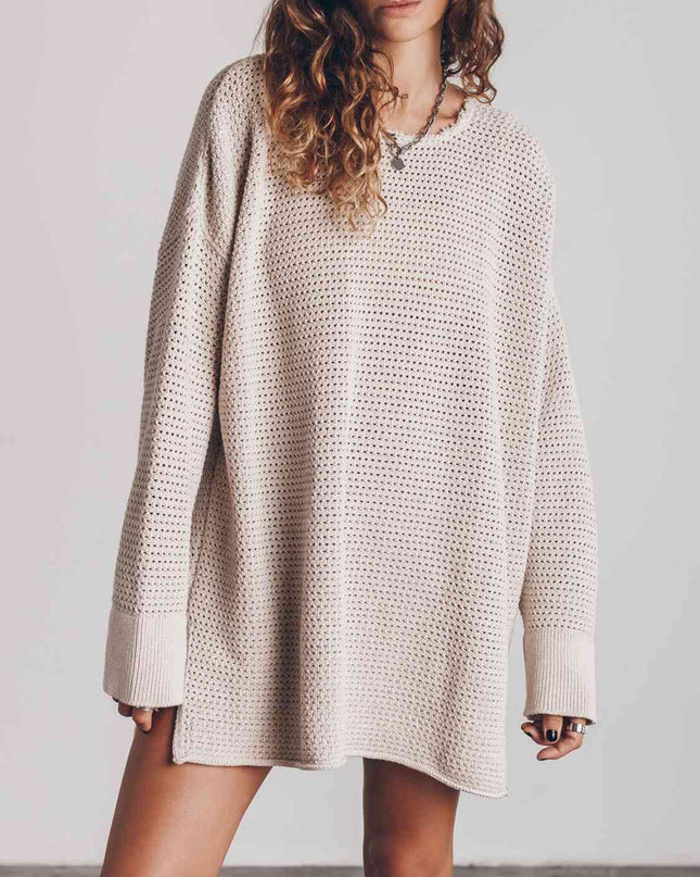Openwork Round Neck Long Sleeve Slit Sweater