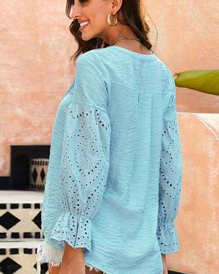 Crochet Flounce Sleeve Button Up Blouse