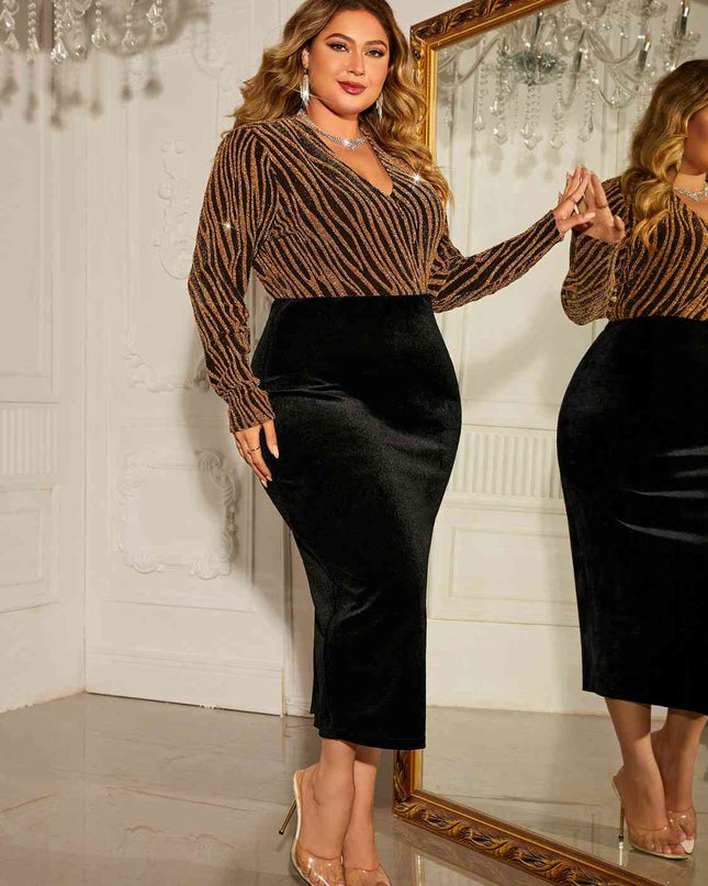 Plus Size Surplice Neck Long Sleeve Slit Dress
