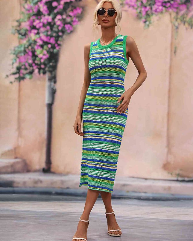 Striped Round Neck Sleeveless Midi Cover Up Dress