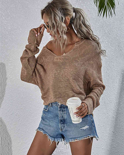 Notched Neck Slit Knit Top