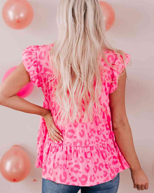 Leopard Round Neck Tiered Blouse