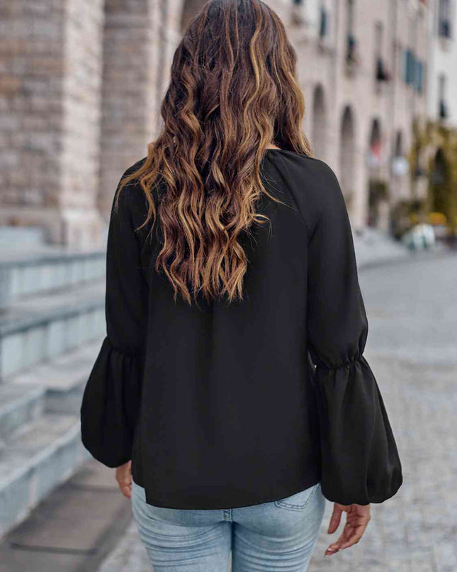 Notched Neck Long Sleeve Top