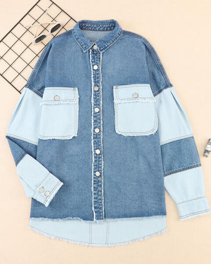 Raw Hem Button Up Denim Jacket with Breast Pockets