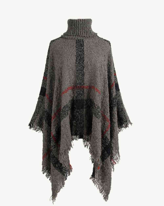Plaid Turtleneck Raw Hem Poncho