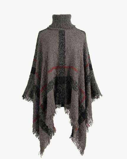 Plaid Turtleneck Raw Hem Poncho