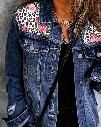Mixed Print Distressed Button Front Denim Jacket