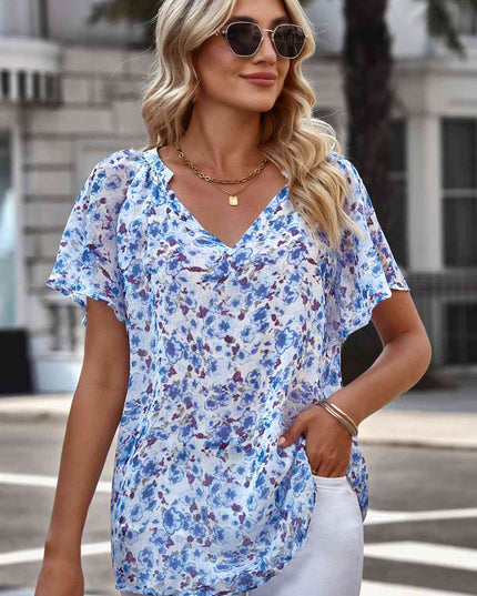 Floral Notched Neck Flutter Sleeve Blouse