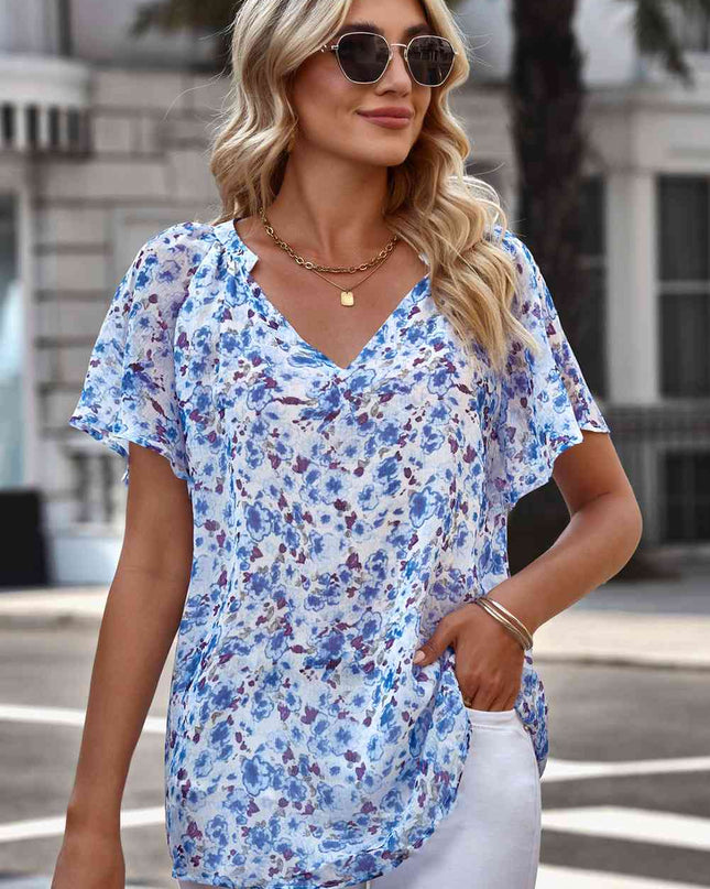 Floral Notched Neck Flutter Sleeve Blouse
