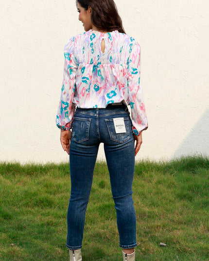 Floral Smocked Balloon Sleeve Round Neck Blouse