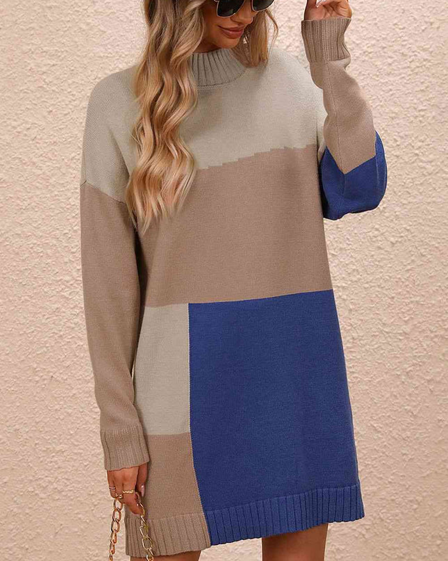 Color Block Mock Neck Dropped Shoulder Sweater Dress