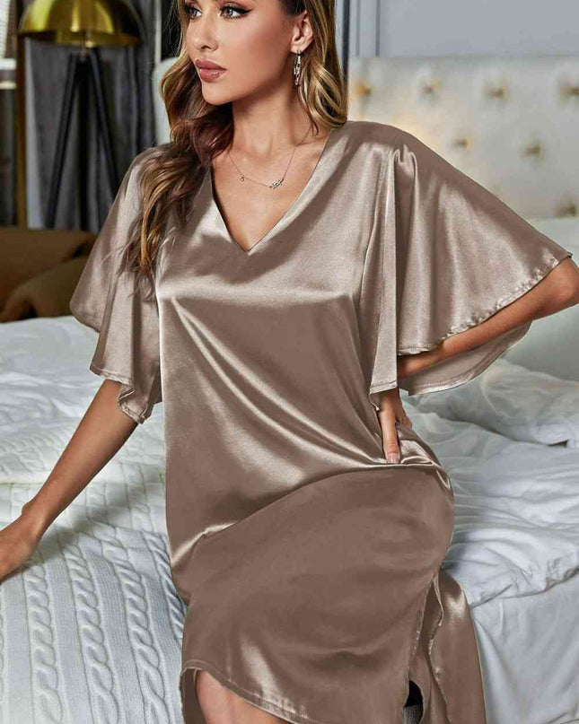 Satin Flutter Sleeve Side Slit V-Neck Night Dress