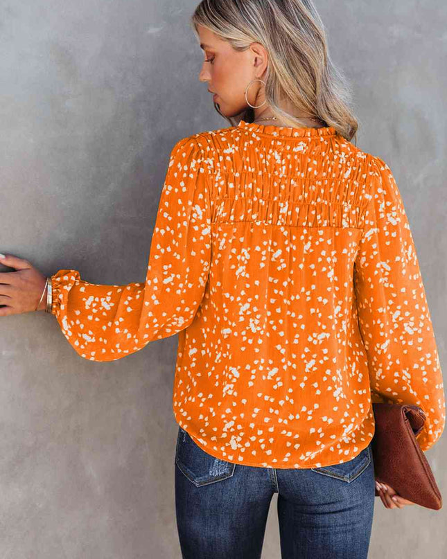 Double Take Printed Notched Neck Smocked Blouse