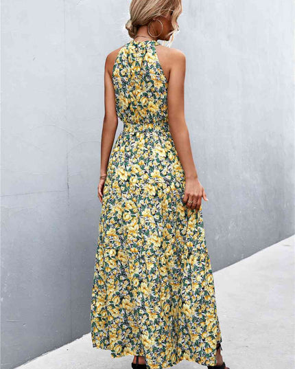 Printed Sleeveless Tie Waist Maxi Dress