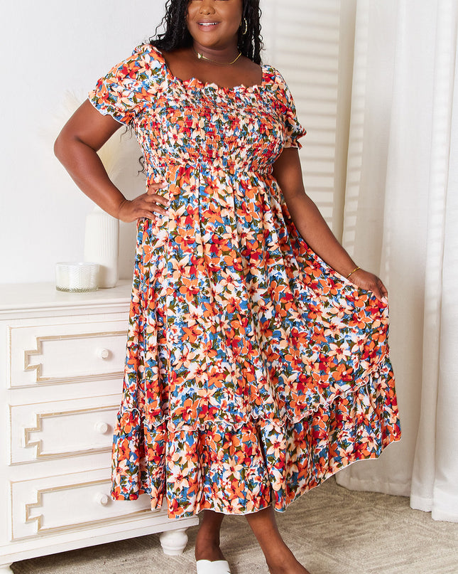 Double Take Plus Size Floral Smocked Square Neck Dress
