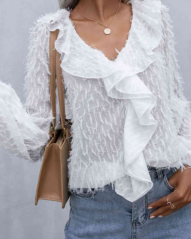 Double Take Ruffle Hem Fringe V-Neck Balloon Sleeve Blouse