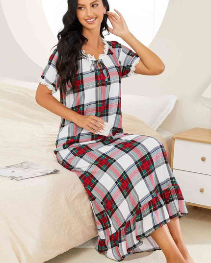 Plaid Lace Trim Ruffle Hem Night Dress