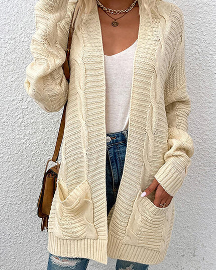 Cable-Knit Open Front Cardigan with Pockets