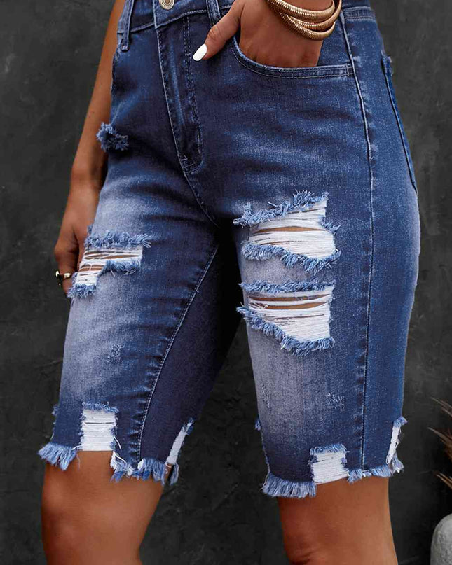 Distressed Frayed Hem Denim Bermuda Shorts