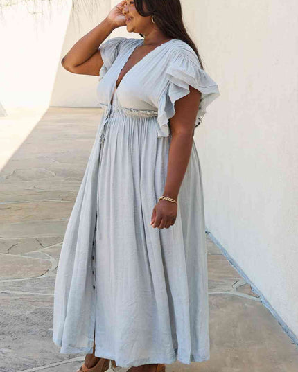 Sweet Lovely By Jen Full Size Drawstring Deep V Butterfly Sleeve Maxi Dress