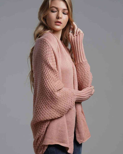 Double Take Dolman Sleeve Open Front Ribbed Trim Longline Cardigan