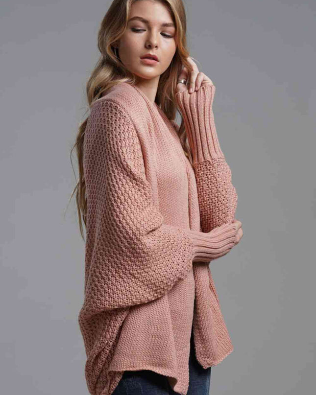 Double Take Dolman Sleeve Open Front Ribbed Trim Longline Cardigan