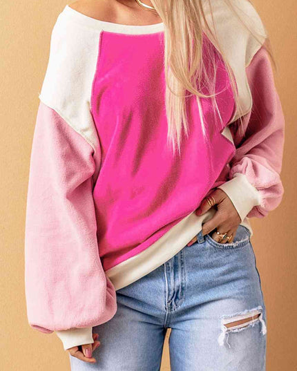 Round Neck Dropped Shoulder Color Block Sweatshirt