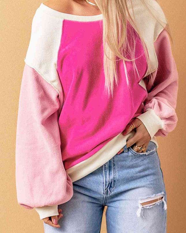 Round Neck Dropped Shoulder Color Block Sweatshirt