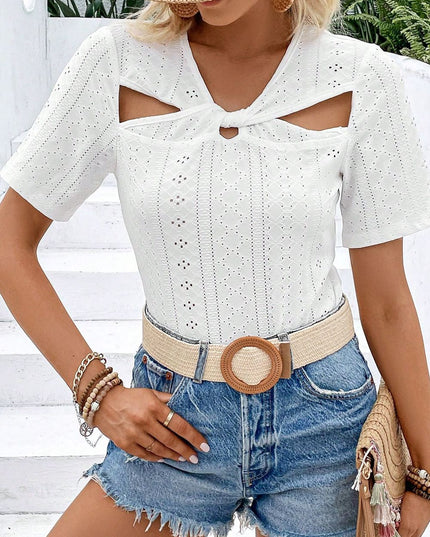 Twisted Front Short Sleeve Eyelet Blouse
