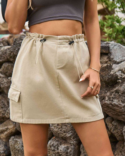 Drawstring Straight Hem Denim Mini Skirt with Pocket