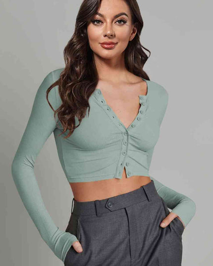 Double Take Button Down Long Sleeve Cropped Top