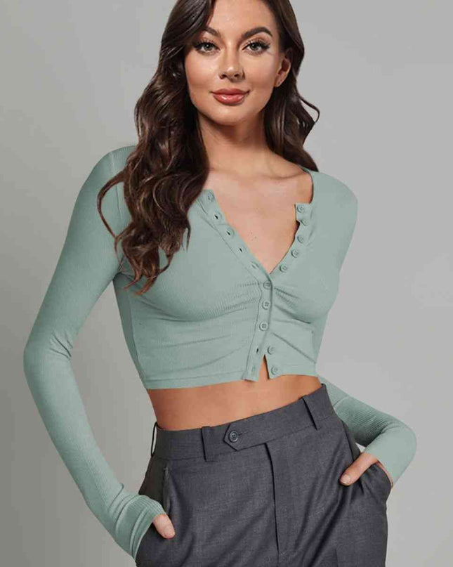 Double Take Button Down Long Sleeve Cropped Top