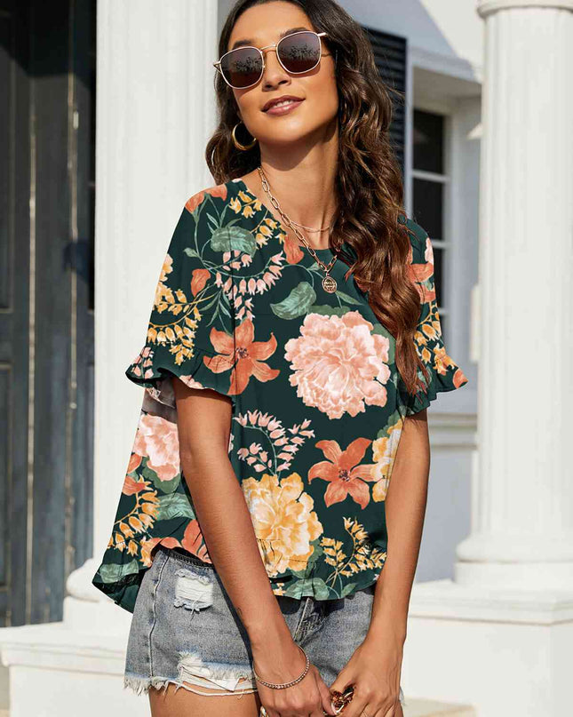 Floral Ruffled Flounce Sleeve Blouse