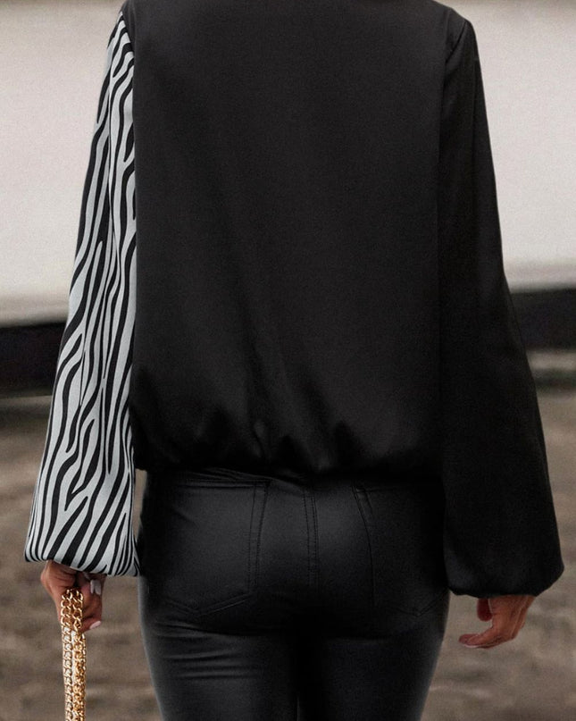 Animal Print Color Block Balloon Sleeve Blouse