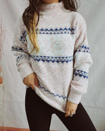 Geometric Mock Neck Dropped Shoulder Sweater