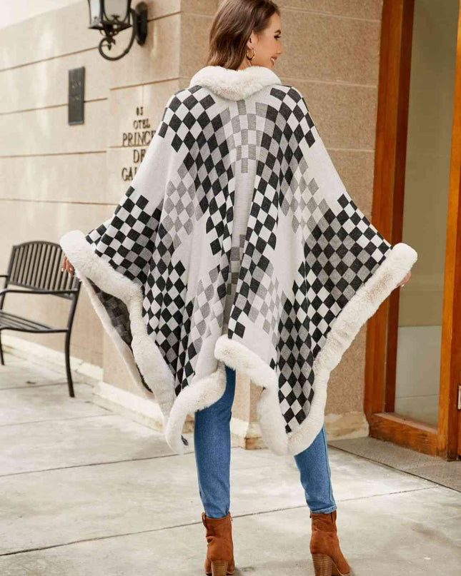 Checkered Faux Fur Trim Poncho