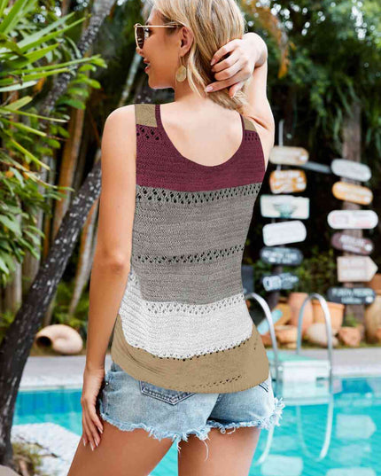 Striped Openwork V-Neck Knit Tank