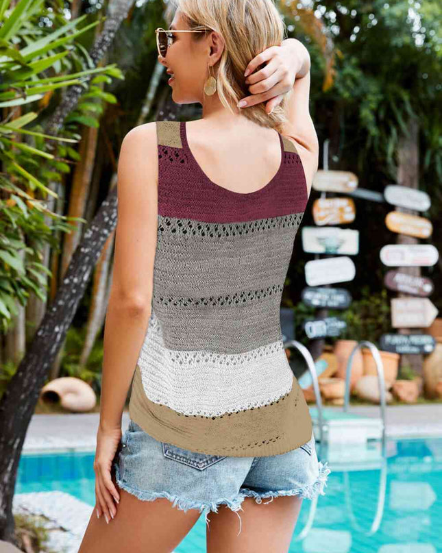 Striped Openwork V-Neck Knit Tank