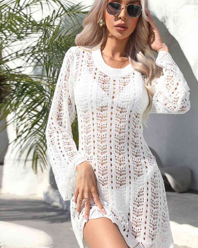 Openwork Scalloped Trim Long Sleeve Cover-Up Dress