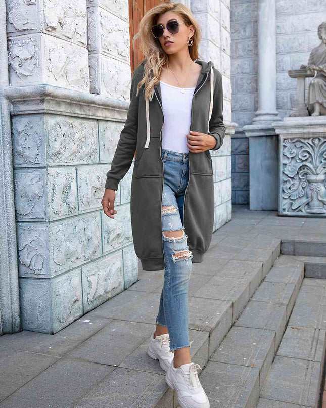 Zip-Up Longline Hoodie with Pockets