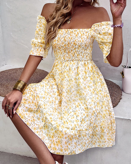 Floral Smocked Square Neck Flounce Sleeve Dress