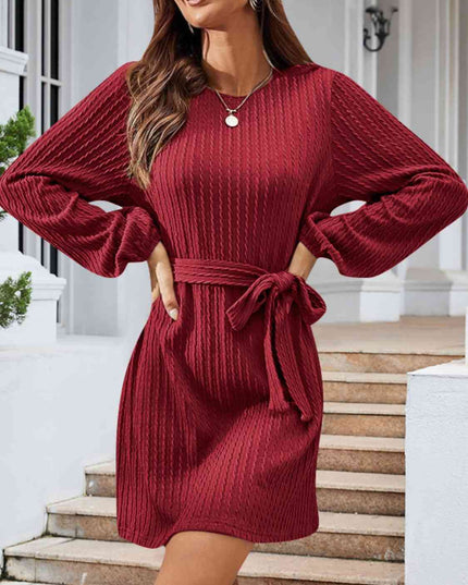 Round Neck Tie Front Long Sleeve Dress